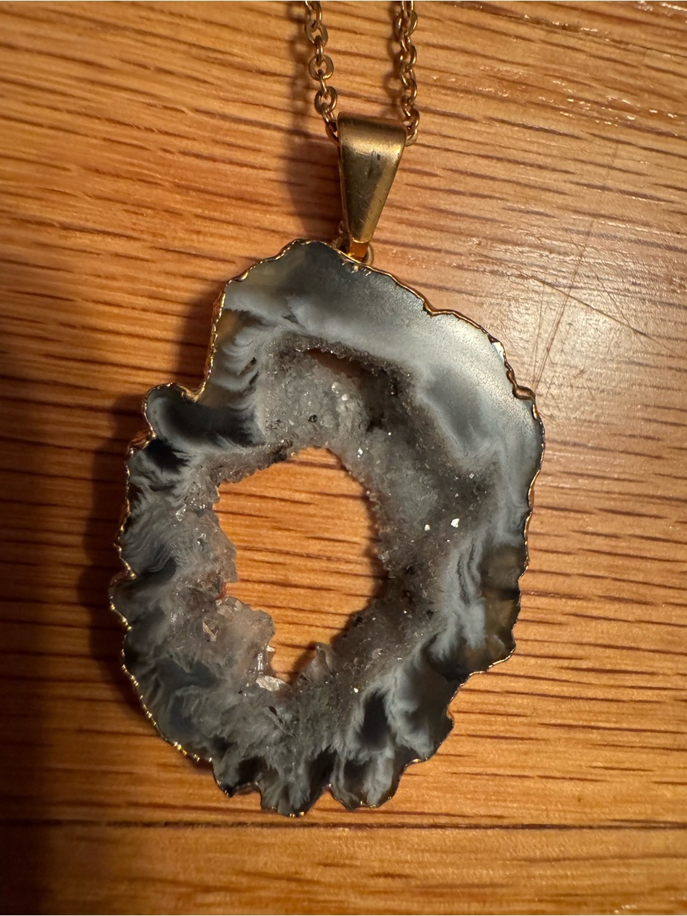 Gold-Edged Gray Geode Pendant Necklace - Women Jewelry
